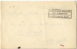 Fiszka z odręcznymi odręcznymi notatkami bibliograficznymi  Żurowskiego  strona 2: pieczątka Dzia...