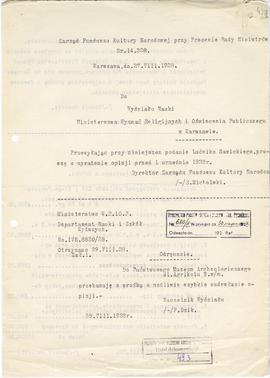 Maszynopis. Zawiera 2 odpisy pism: 1. Pismo Zarządu Funduszy Kultury Narodowej przy Prezesie Rady...