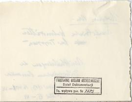 Fiszka z odręcznymi notatkami bibliograficznymi Józefa Żurowskiego  strona 2: pieczątka Działu Do...