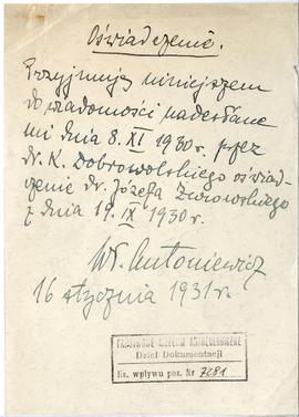 Rękopis oświadczenia Włodzimierza Antoniewicza z dnia 16.01.1931 r.  strona 1