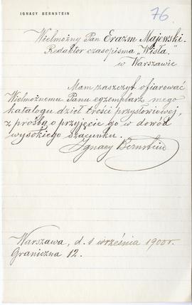 List od Ignacego Bernsteina do Erazma Majewskiego (rękopis)  strona 1