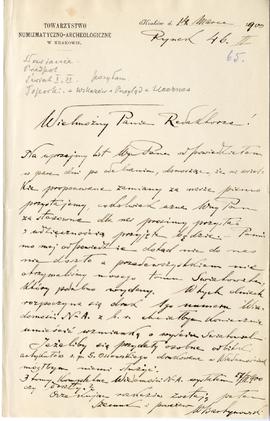 List od Władysława Bartynowskiego do Erazma Majewskiego (rękopis)  strona 1