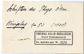 Fiszka z odręcznymi notatkami bibliograficznymi Józefa Żurowskiego  strona 1: "Schriften der...