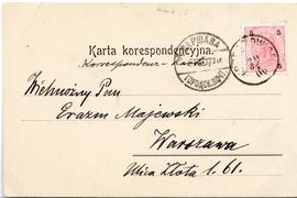 Widokówka od Klemensa Bąkowskiego do Erazma Majewskiego (rękopis  druk  znaczek  stempel)  strona 2