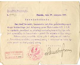 Maszynopis zaświadczenia Starostwa Pinczowskiego z dnia 27.08.1921 r. o prawie Józefa Żurowskiego...