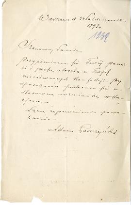 List od Adama Łaszczyńskiego do Erazma Majewskiego (rękopis)  strona 1