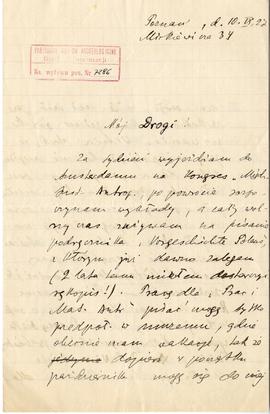 Rękopis listu Józefa Kostrzewskiego do Józefa Żurowskiego z dnia 10.09.1927 r.  strona 1