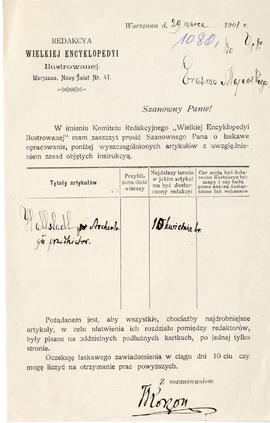 Pismo do Erazma Majewskiego z dn. 29.03.1901 r.  podpisane w imieniu Komitetu Redakcyjnego "...