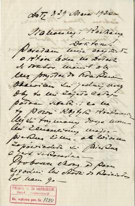 Rękopis listu B. Reklewskiego do Józefa Żurowskiego z dnia 29.03.1930 r.  strona 1