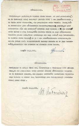 Maszynopis oświadczeń Józefa Żurowskiego z dnia 16.01.1931 r. oraz Włodziemierza Antoniewicza z d...