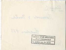 Fiszka z odręcznymi notatkami bibliograficznymi Józefa Żurowskiego  strona 2: pieczątka Działu Do...