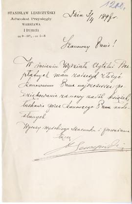 List od Stanisława Leszczyńskiego do Erazma Majewskiego z dnia 3.04.1897 r. (druk  rękopis)  stro...