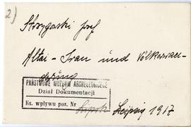 Fiszka z odręcznymi notatkami bibliograficznymi Józefa Żurowskiego  strona 1: "Strzygowski J...