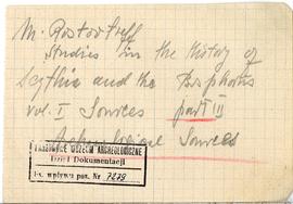 Fiszka z odręcznymi notatkami bibliograficznymi Józefa Żurowskiego  strona 1