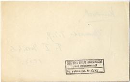 Fiszka z odręcznymi notatkami bibliograficznymi Józefa Żurowskiego  strona 2: pieczątka Działu Do...