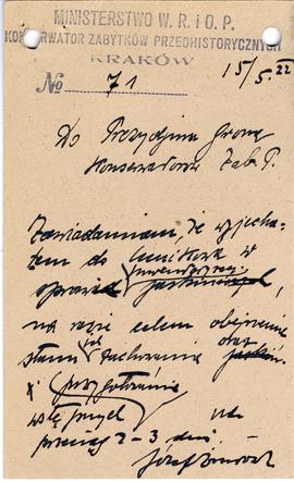 Rękopis pisma Józefa Żurowskiego do Prezydium Grona Konserwatorów Zabytków Przedhistorycznych z d...