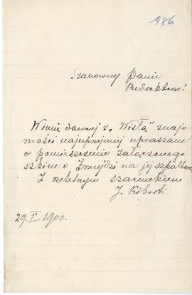 List od J. Kiborta do Erazma Majewskiego (rękopis)