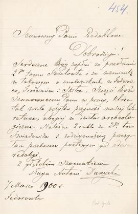 List od Antoniego Durzyckiego do Erazma Majewskiego (rękopis)  strona 1