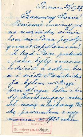 Rękopis listu Walerjana Żurowskiego do Romana Żurowskiego (brata Józefa) z dnia 22.08.1927 r. wra...