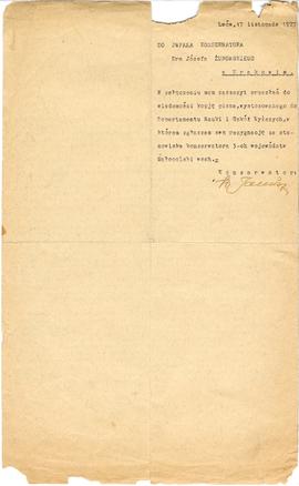 Maszynopis pisma Bohdana Janusza do Józefa Żurowskiego z dnia 17.11.1927 r. w sprawie rezygnacji ...