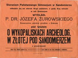 Plakat z nadrukiem informacyjnym o wykładzie Józefa Żurowskiego pt. "O wykopaliskach archeol...