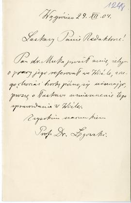 List od prof. dr. Łęgowskiego do Erazma Majewskiego (rękopis)  strona 1