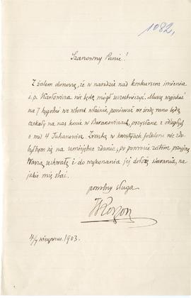 List (rękopis) od Tadeusza Korzona do Erazma Majewskiego