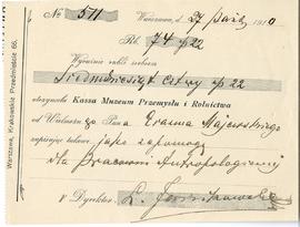 Kwit kasowy nr 571 z 27 października 1910 r.  wystawiony dla Erazma Majewskiego przez Muzeum Prze...