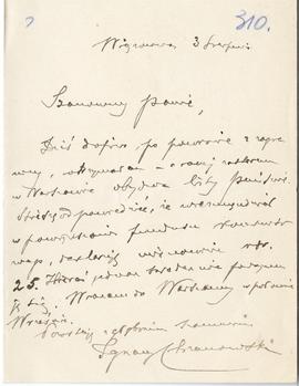 List od Ignacego Chrzanowskiego do Erazma Majewskiego (rękopis)  strona 1
