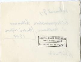 Fiszka z odręcznymi notatkami bibliograficznymi Józefa Żurowskiego  strona 2: pieczątka Działu Do...