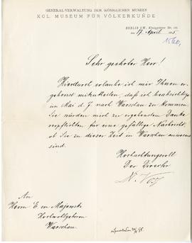 List z Kgl. Museum Für Völkerkunde w Berlinie do Erazma Majewskiego (druk  rękopis)  strona 1
