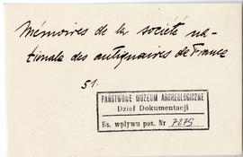 Fiszka z odręcznymi notatkami bibliograficznymi Józefa Żurowskiego  strona 1: "Mémories de l...