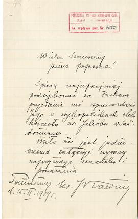 Rękopis listu księdza Józefa Kawińskiego (?) do Józefa Żurowskiego z dnia 15.02.1929 r. wraz z ko...