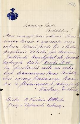 List od Wacława Jaskowskiego do Erazma Majewskiego (rękopis)  strona 1