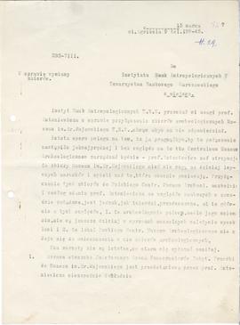 Pismo (maszynopis) z dnia 15.03.1927 r. do Instytutu Nauk Antropologicznych T.N.W.  dot. zbiorów ...