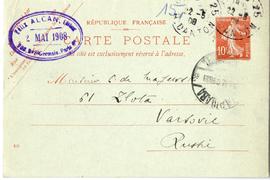 Karta pocztowa od Feliksa Alcana do Erazma Majewskiego (druk  rękopis  stempel  pieczątka)  stron...