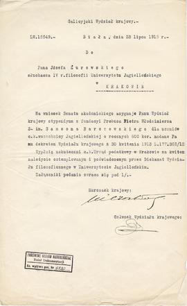 Maszynopis pisma Galicyjskiego Wydziału Krojowego w Białej do Józefa Żurowskiego z dnia 23.07.191...