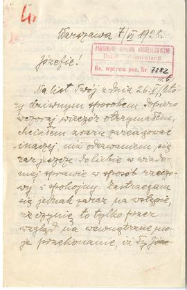Rękopis listu Włodzimierza Antoniewicza do Józefa Żurowskiego z dnia 7.06.1928 r.  strona 1
