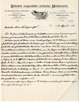 List (rękopis na papierze firmowym) od Fryderyka S. Kraussa do Erazma Majewskiego  strona 1