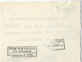 Fiszka z odręcznymi notatkami bibliograficznymi Józefa Żurowskiego  strona 2: pieczątka Działu Do...