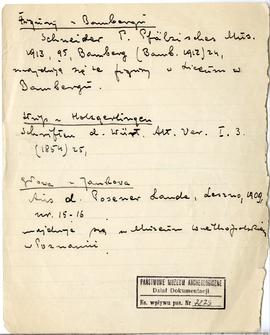 Odręczne notatki Józefa Żurowskiego z wykazem literatury na temat Figur z Bambergu  Słupa z Holzg...