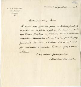 List od Stanisława Kijeńskiego (Klub Polski) do Erazma Majewskiego (rękopis na papierze firmowym)...