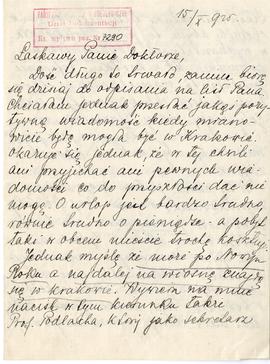 Rękopis listu Krystyny Wisłockiej (później Remerowej) do Józefa Żurowskiego z dnia 15.10.1925 r. ...