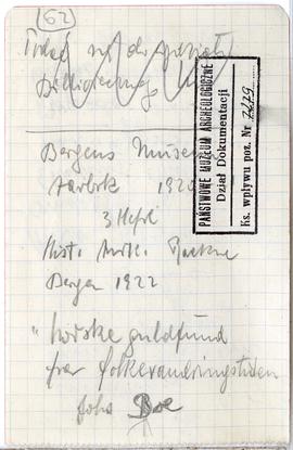 Fiszka z odręcznymi notatkami bibliograficznymi Józefa Żurowskiego  strona 2: "Bergens Museu...