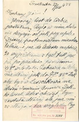 Rękopis listu Teresy Żurowskiej (matki) do Józefa Żurowskiego z dnia 27.07.1928 r.  strona 1