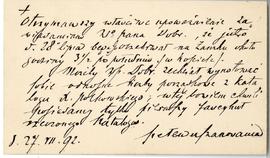 Bilet wizytowy Kozickiego z dopisaną odręcznie wiadomością z dn. 27.07.1892 r. (rewers)