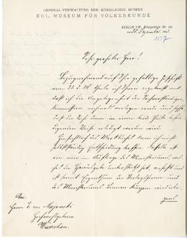List z Kgl. Museum Für Völkerkunde w Berlinie do Erazma Majewskiego (druk  rękopis)  strona 1