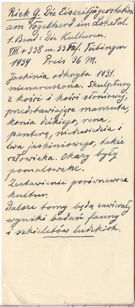 Odręczny wypis Józefa Żurowskiego z publikacji G. Riek "Die Eiszeitjägerstation am Vogelherd...