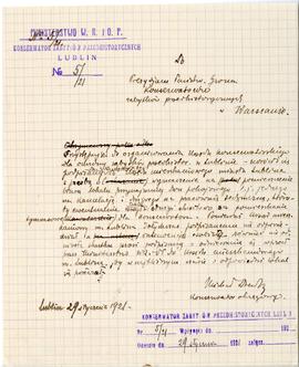 Rękopis. Pismo konserwatora Michała Drewko z dnia 29 stycznia 1921 r. do Prezydium Państwowego Gr...