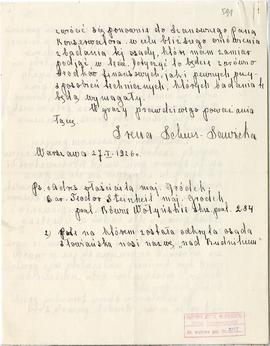 Rękopis. Pismo Ireny Scheur-Sawickiej z dnia 27 stycznia 1926 r. do Michała Drewko Konserwatora Z...